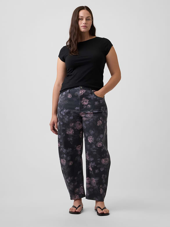 High Rise Print Barrel Jeans