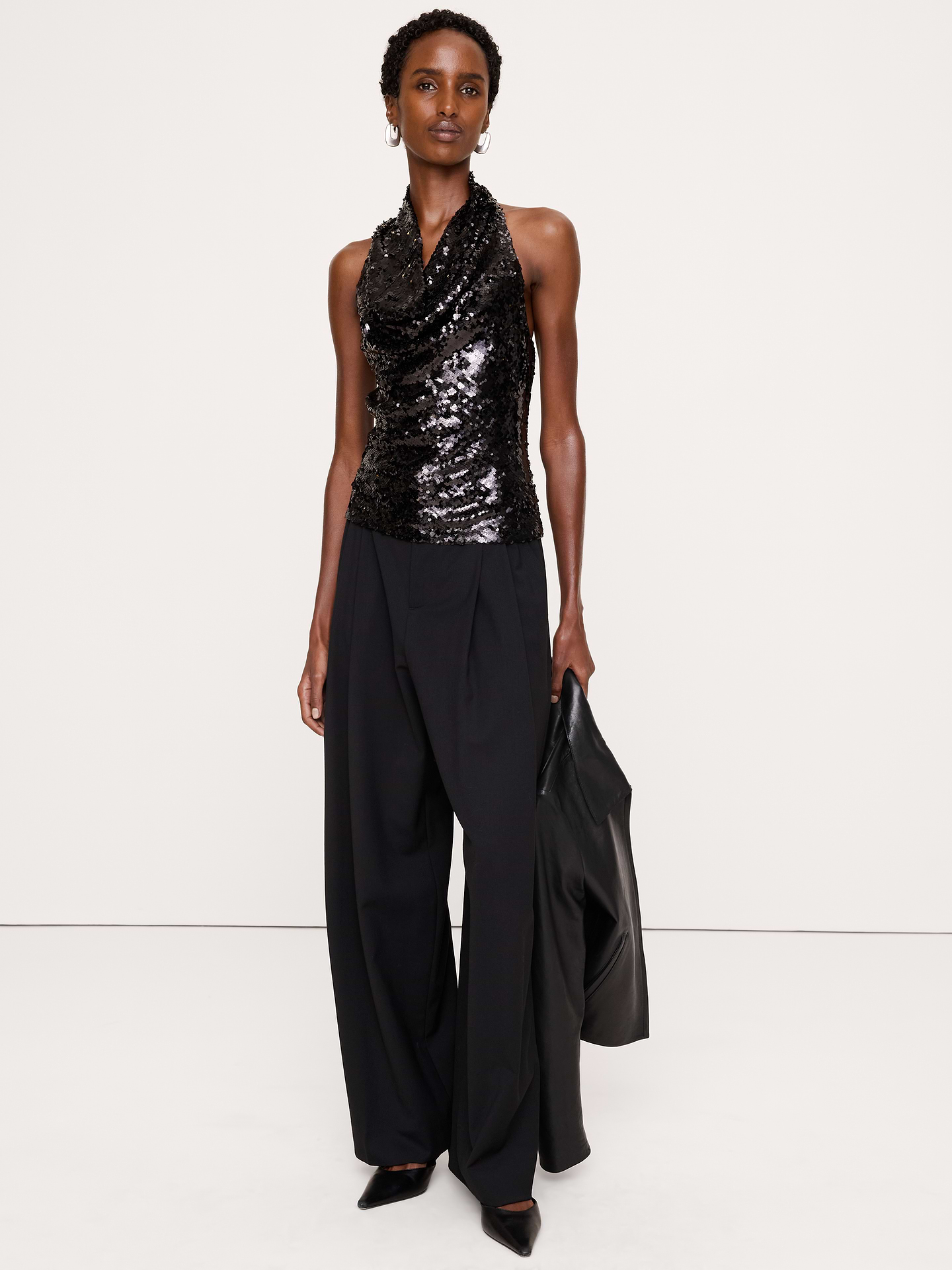 Image 1 of 4, It takes an expert hand to cut chiffon, but we just love the way it drapes. With this tank top, we put our skills to the test to showcase a high-gloss sequin fabric with a cascade effect across the bodice., Fitted: Slim. Sits close to the body., Cowl neck., High neck at back with invisible zip closure., Straight hem., Lined., Product #1181005
