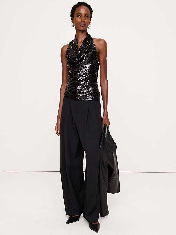 Draped Sequin Cowl-Neck Tank