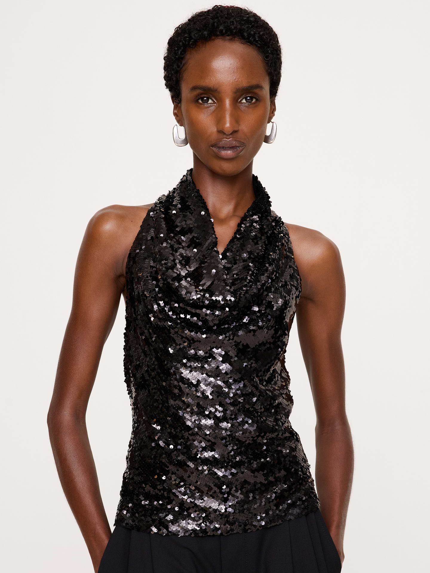 Image 3 of 4, Draped Sequin Cowl-Neck Tank