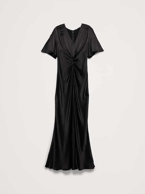 Hammered Satin Flutter-Sleeve Dress