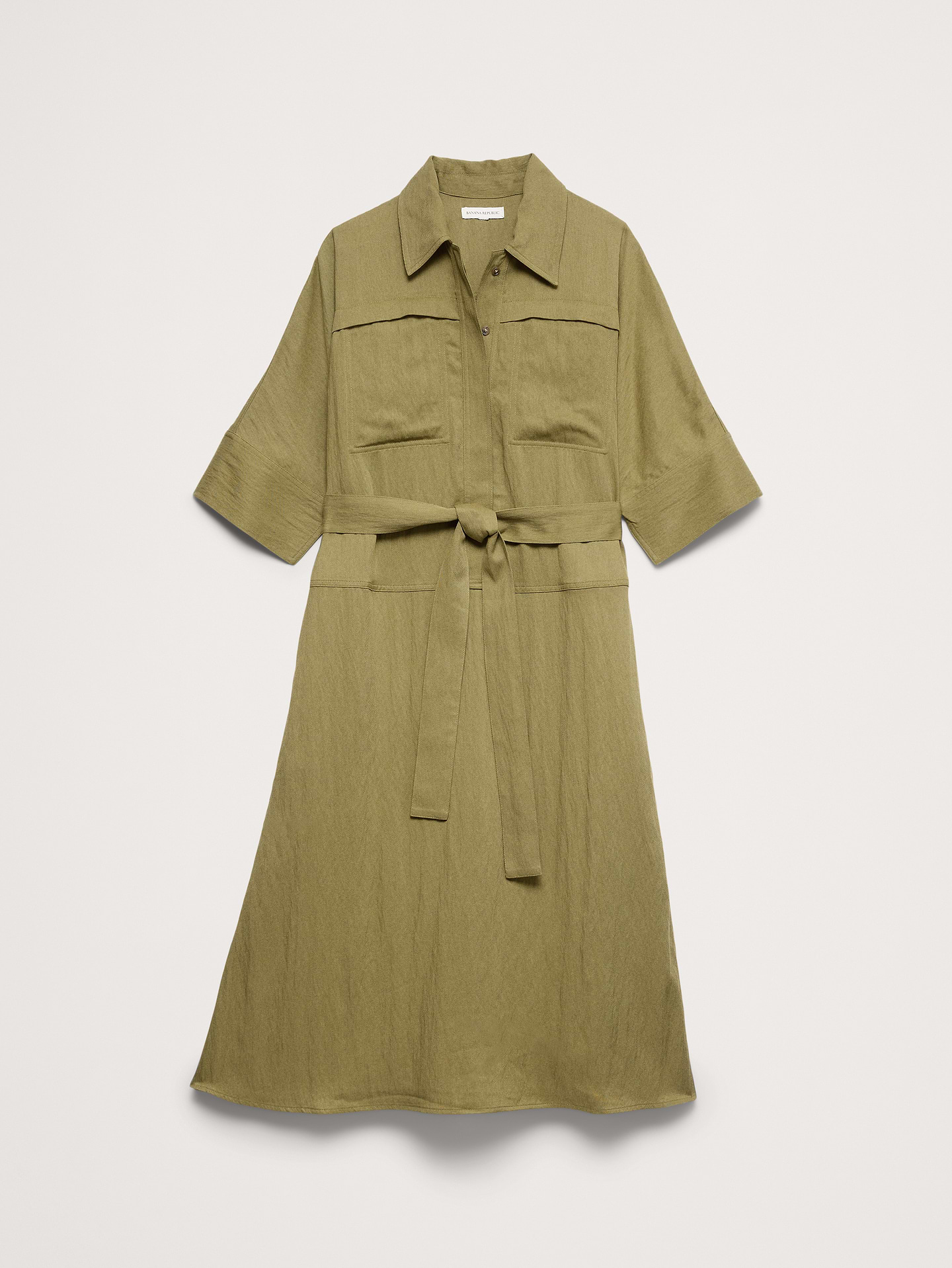 Image 5 of 8, Drapey Twill Belted Midi Shirt Dress