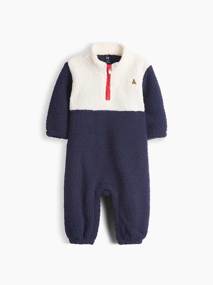 Image 1 of 2, Soft sherpa baby one-piece., Mockneck with quarter-zip closure., Long sleeves., Embroidered Brannan Bear at chest., Elasticized cuffs., Snaps at inseam for easy dressing and diapering., Colorblock design., Product #1187242