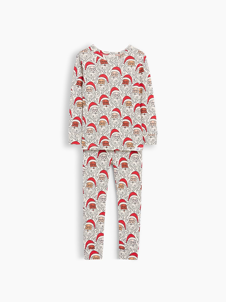 Image 1 of 2, Our comfiest PJs—now softer than ever. Cozy brushed cotton on the inside. All their favorite prints & colors on the outside., Soft cotton jersey pajama top and pants PJ set with a cozy brushed interior., Crewneck., Long sleeves., Elasticized waist at PJ pants., Banded cuffs., Allover Santa print., Made with 100% organically grown cotton which is grown without the use of synthetic pesticides and fertilizers., Product #1186429