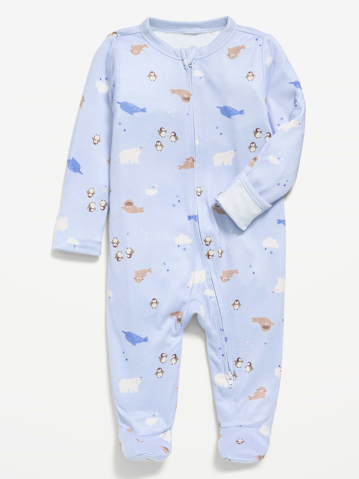 Image 1 of 1, crew neck, long sleeves, fold-over mittens at each sleeve, full-length reversible zipper, sewn-in feet, all-over print, Product #1181801