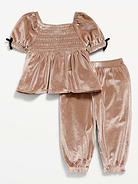 Image 2 of 2, Short Puff-Sleeve Velour Top and Pants Set for Baby