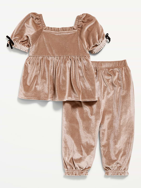 Short Puff-Sleeve Velour Top and Pants Set for Baby
