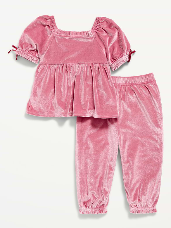 Short Puff-Sleeve Velour Top and Pants Set for Baby
