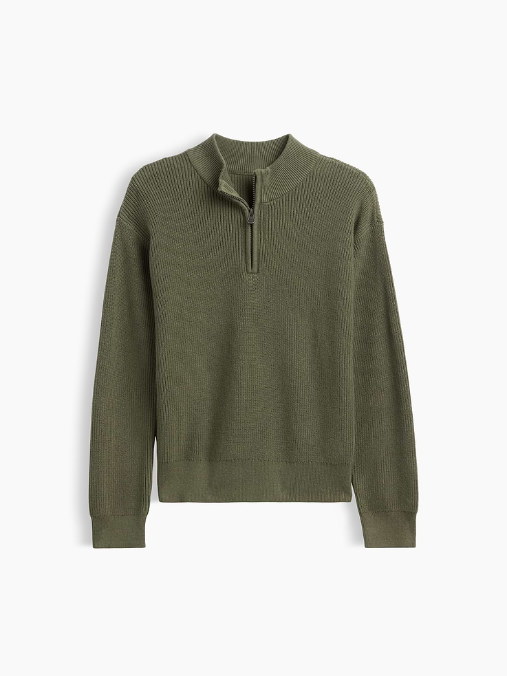 Image 1 of 3, Soft cotton knit., Dropped shoulder, long sleeves with ribbed cuffs., Stand collar, quarter-zip front., Ribbed hem., Product #1177137