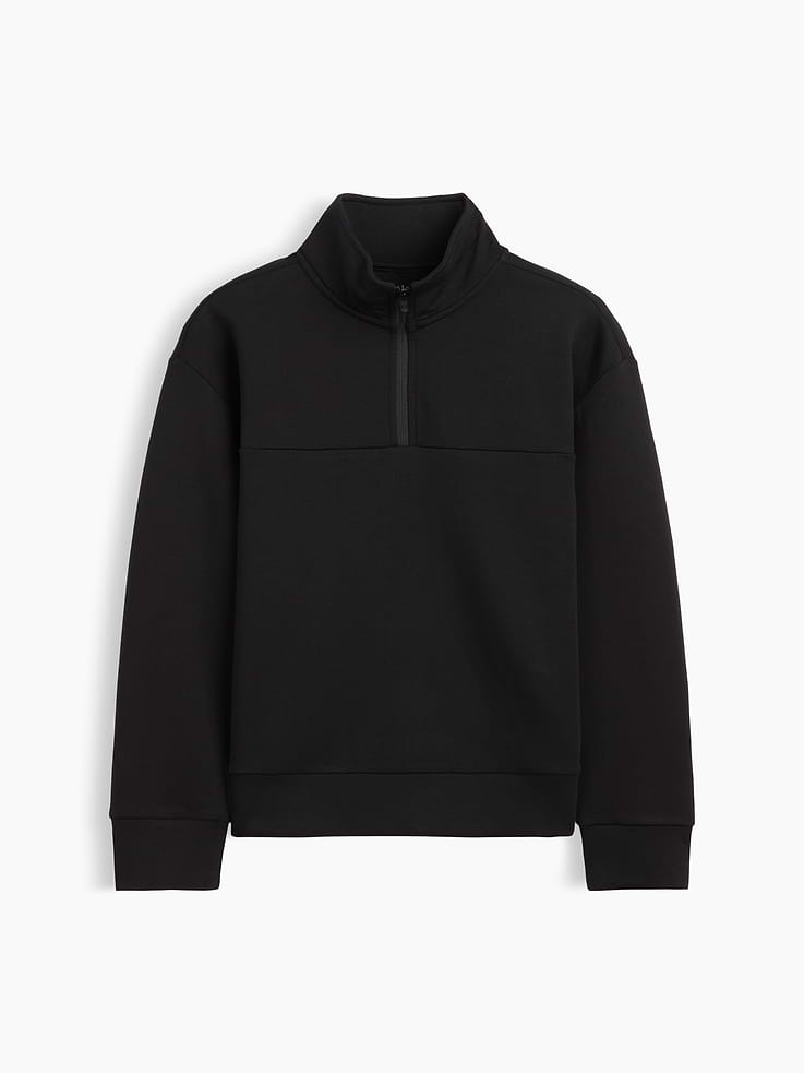 Image 1 of 3, This product is made with/contains 25% recycled polyester. Compared to virgin materials, using recycled materials helps reduce resource use and waste., Breathable ponte de roma knit with stretch., Dropped shoulder, long sleeves with banded cuffs., Stand collar, quarter-zip front., Banded hem., Product #1185317