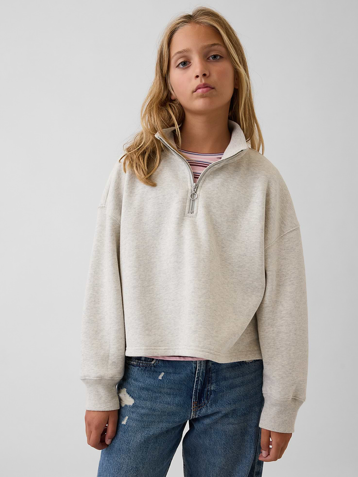 Image 1 of 5, Soft cotton-blend fleece pullover sweatshirt. In an oversized, boxy fit and slightly cropped length., Mockneck with quarter-zip closure., Long sleeves with drop shoulders and banded cuffs., Made with 52% Protocol cotton verified by the U.S. Cotton Trust Protocol, a program which works with farms committed to improving their environmental footprint by minimizing water usage and improving soil health (Claim No. 10127)., Made with 23% recycled polyester. Compared to virgin materials, using recycled materials helps reduce resource use and waste., Product #1182061