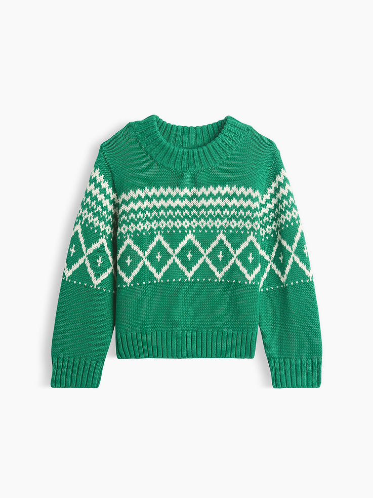 Image 1 of 2, Soft knit cotton sweater., Crewneck., Long sleeves., Fair Isle design., Ribbed cuffs and hem., Product #1185381