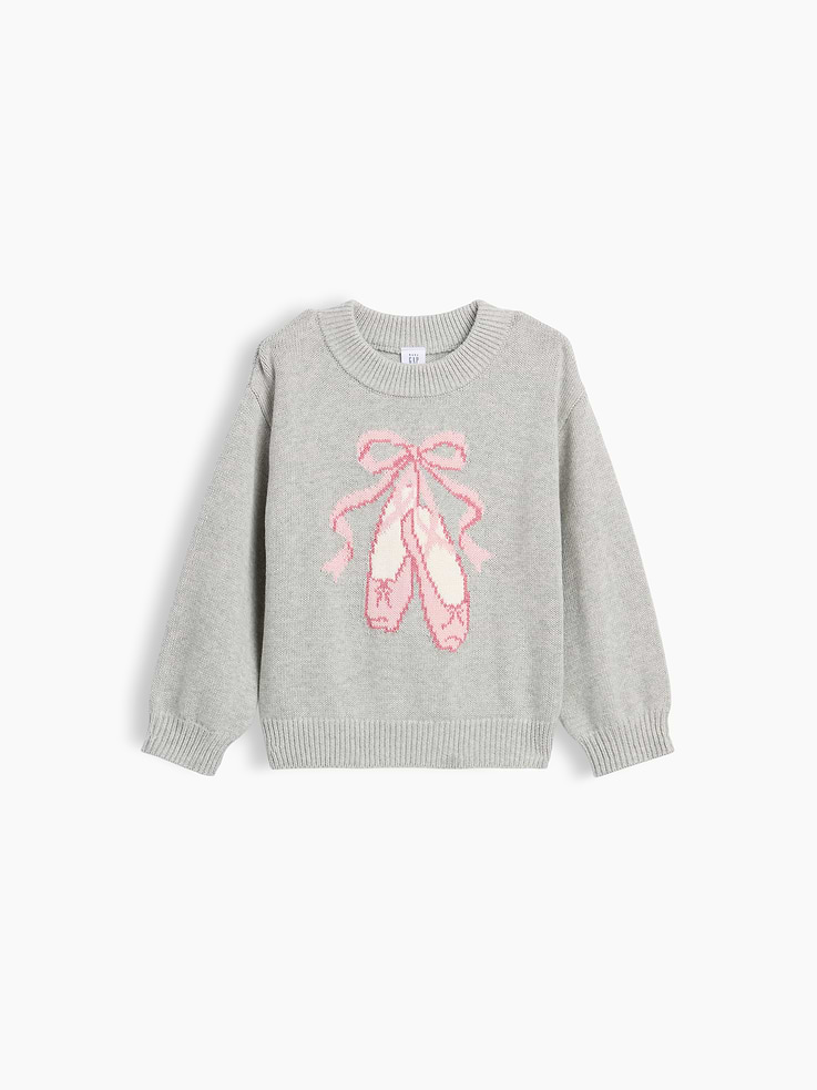 Image 1 of 2, Soft knit cotton sweater., Crewneck., Long sleeves., Ribbed cuffs and hem., Graphic at front or allover print., This product was made in a factory that invests in gender equity and women’s empowerment through RISE. Learn more at gapinc.com/equity ., Product #1184977
