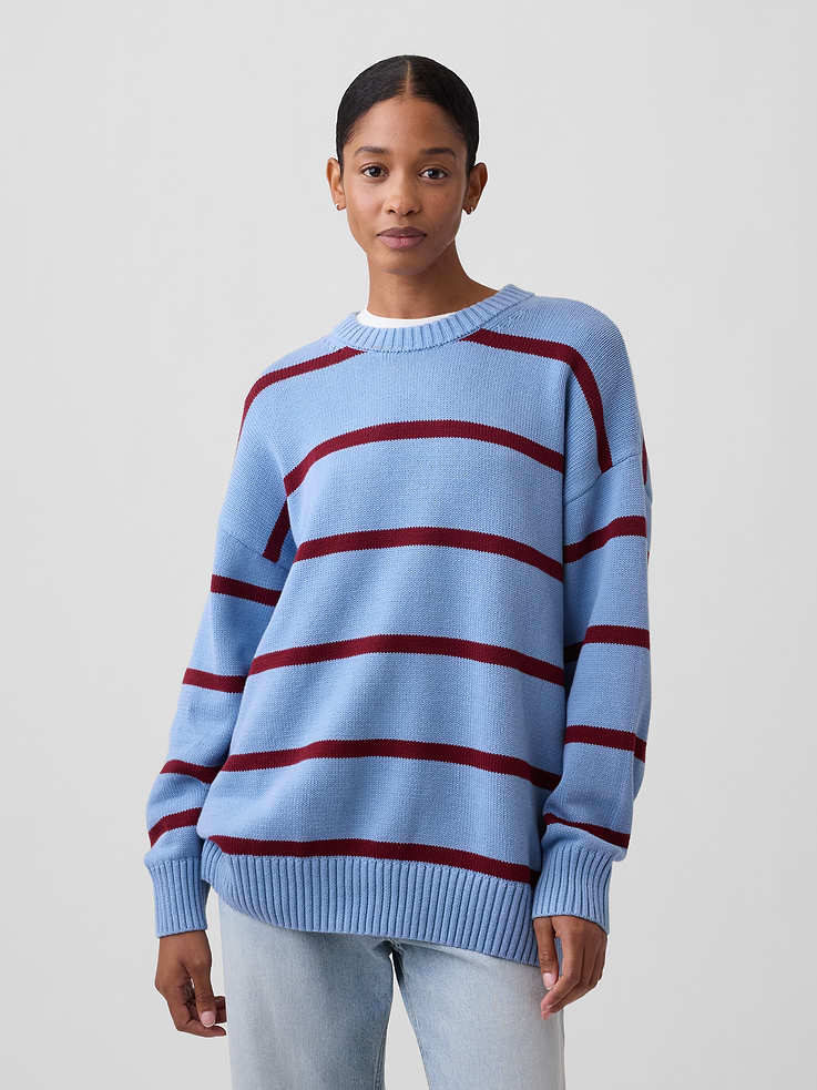 Image 1 of 5, Soft cotton knit., Dropped shoulder, long sleeves with ribbed cuffs., Ribbed crewneck., Ribbed hem., Select styles have allover stripes., This product was made in a factory that invests in gender equity and women’s empowerment through RISE. Learn more at, Product #1177180