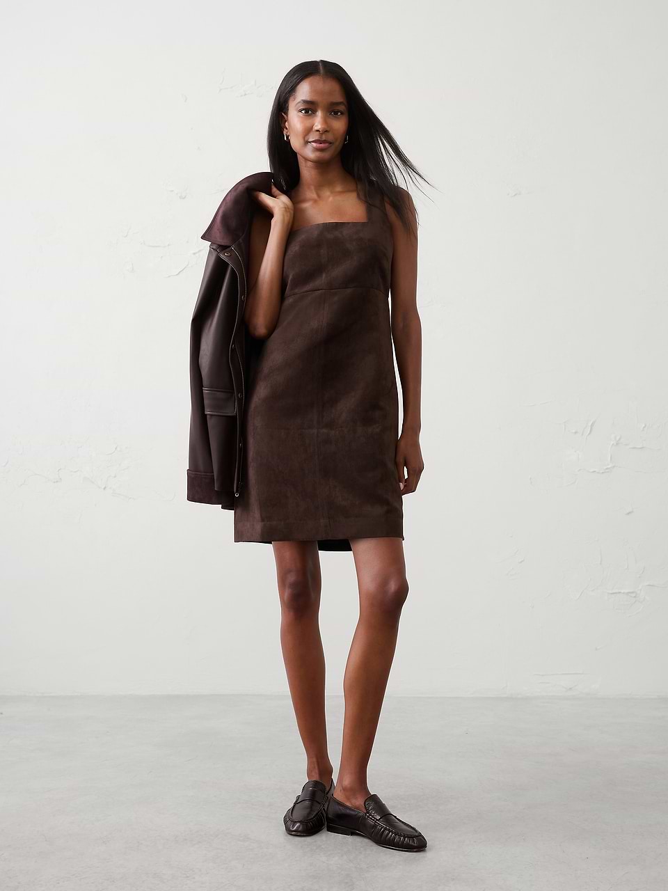 brown banana republic dress Vegan Suede Empire-Waist Mini Measurements (from size S) Aberdeen Off Shoulder Feathers White Size:XL 14/16