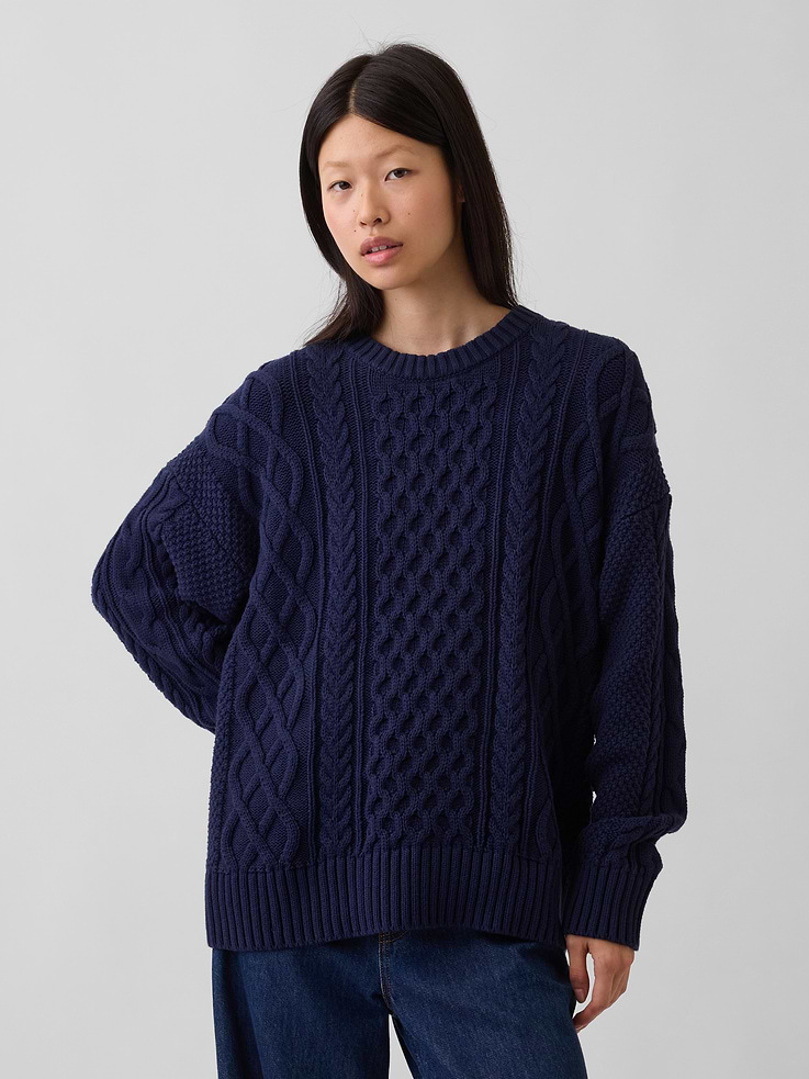Image number 1 showing, 100% Cotton Cable-Knit Oversized Sweater