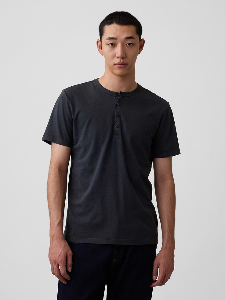 Image 1 of 5, Soft cotton jersey Henley T-shirt., Crewneck with front button placket., Short sleeves., Product #1186115