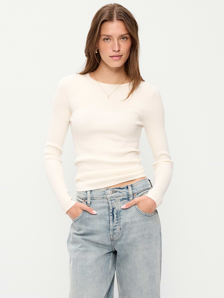 Image number 1 showing, Crew-Neck Long-Sleeve Ribbed Top