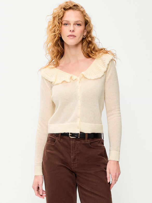 Ruffle-Collar Pointelle Cardigan