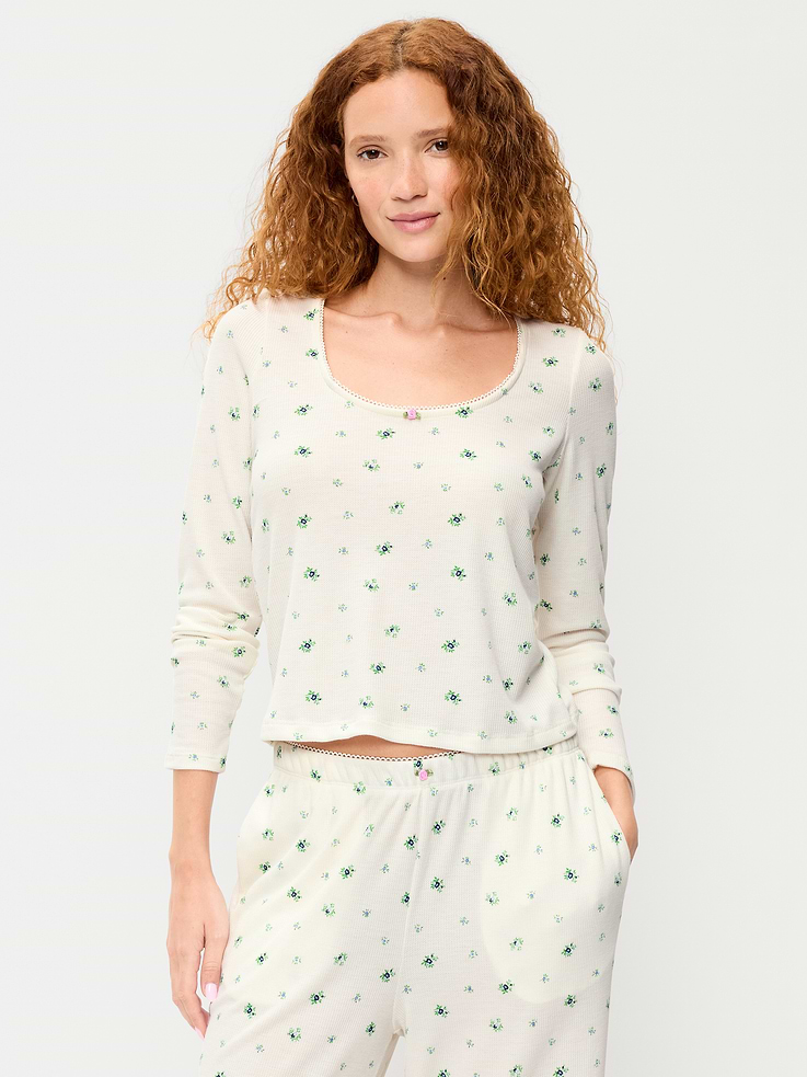 Image number 1 showing, Waffle-Textured Long-Sleeve Pajama Top