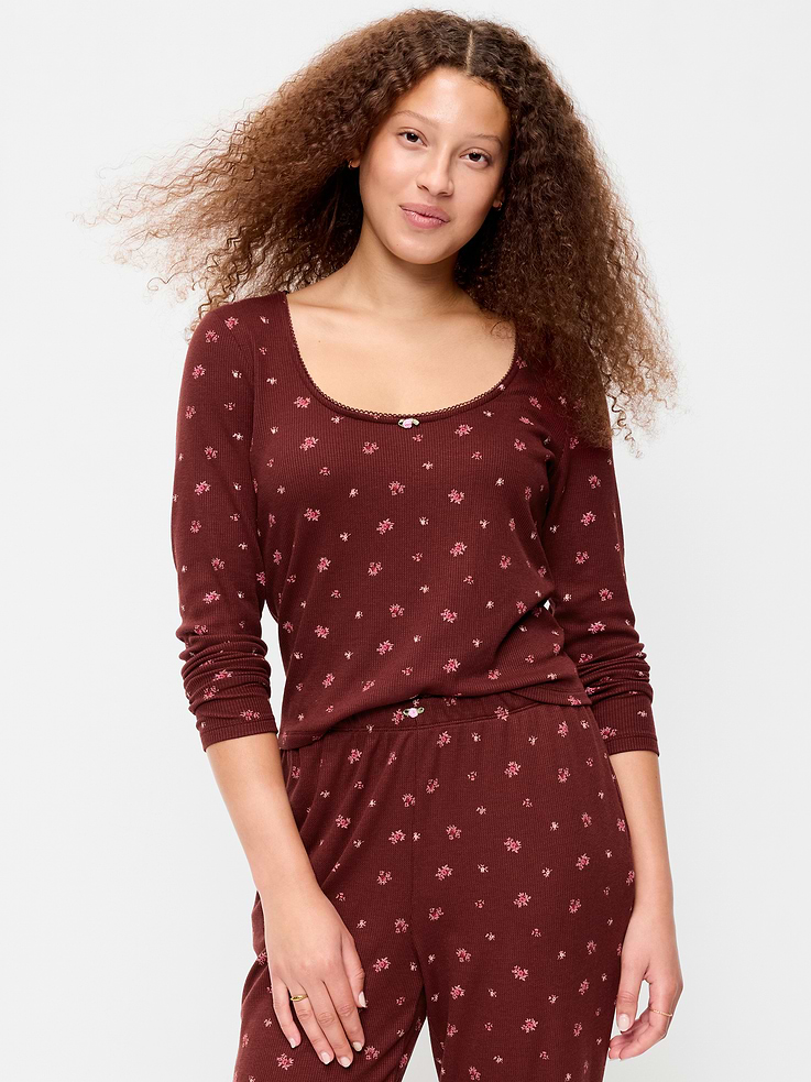 Image number 1 showing, Waffle-Textured Long-Sleeve Pajama Top