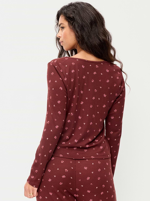 Waffle-Textured Long-Sleeve Pajama Top