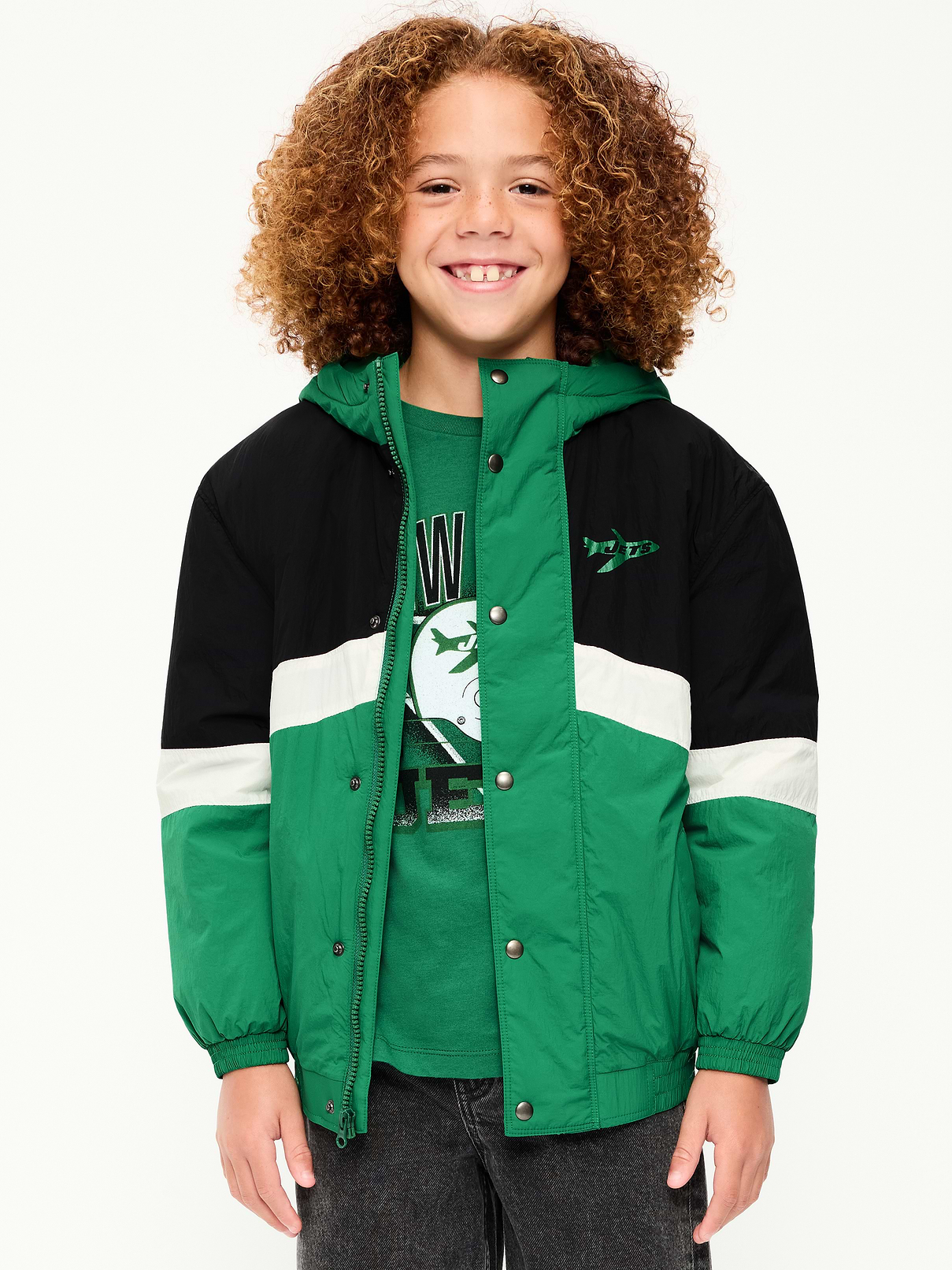 Image number 1 showing, New York Jets Oversized Crinkled Hooded Jacket for Boys