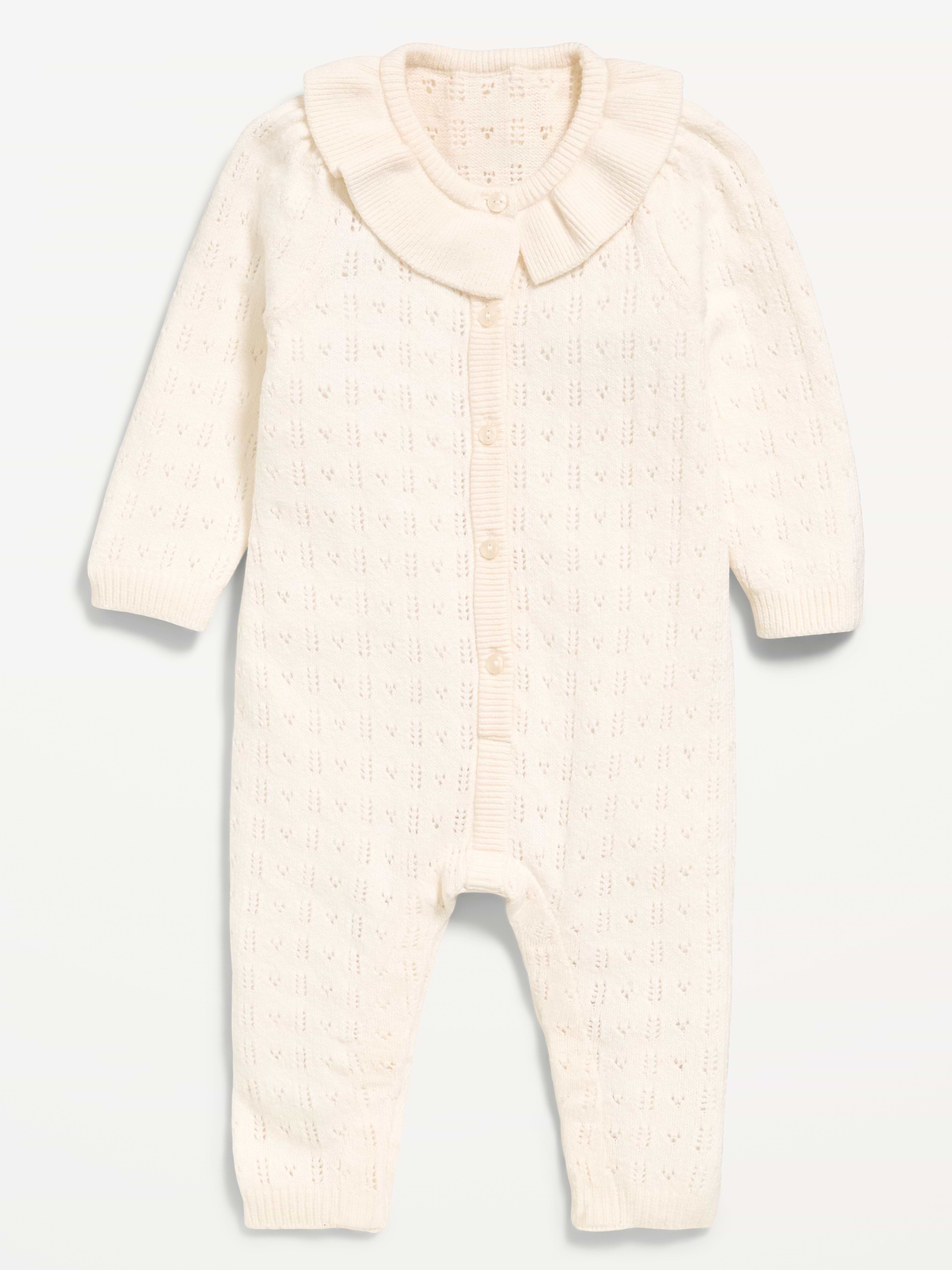 Image 1 of 3, crew neck, ruffled trim at neckline, long sleeves, hidden snaps along inseam, Product #1182643