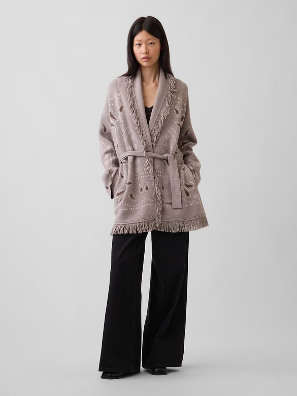 Cotton-Blend Fringe Shawl Cardigan