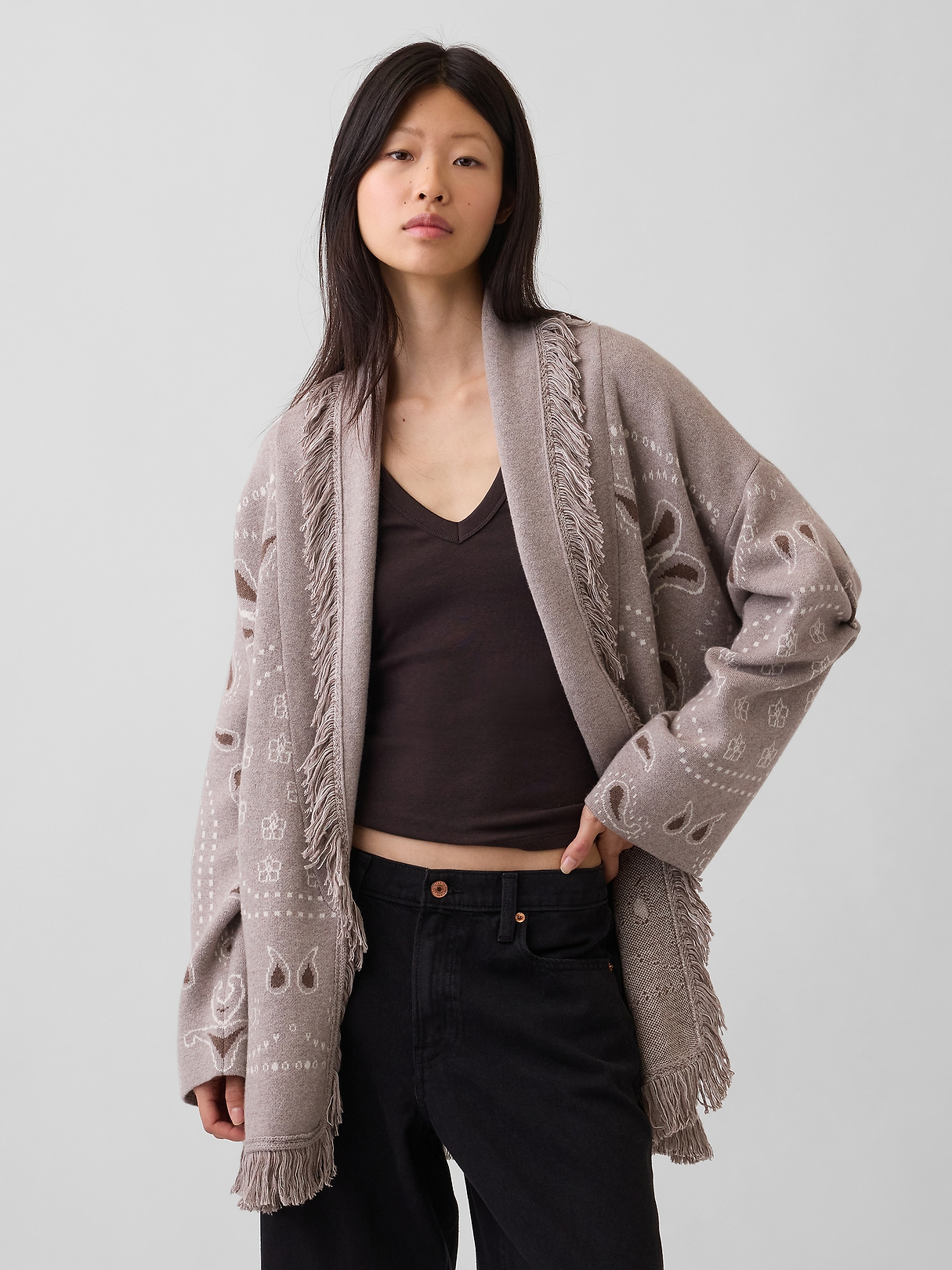 Cotton-Blend Fringe Shawl Cardigan | Gap
