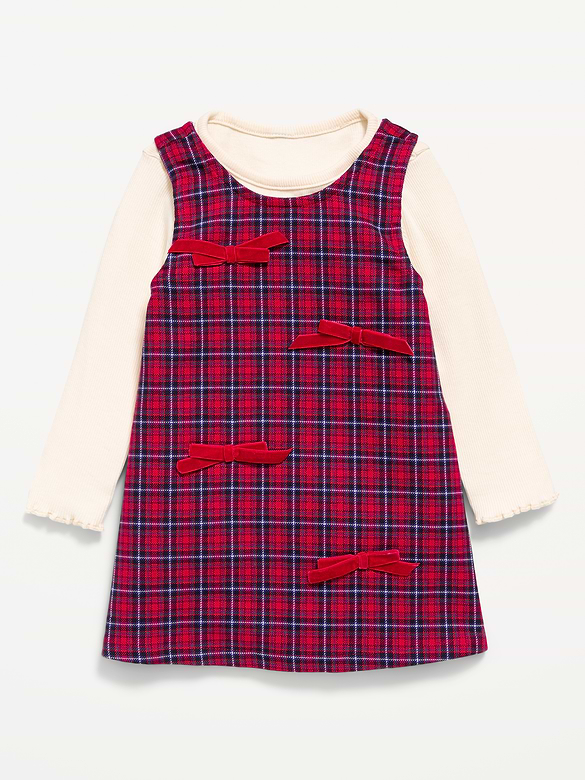 Sleeveless Plaid Dress and Long-Sleeve Top Set for Baby