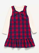 Image 1 of 2, crew neck, long sleeves, coordinating dress, sleeveless, decorative bow at neckline, ruffled hem, all-over plaid, Product #1184111