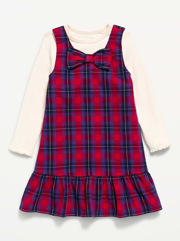 Image 1 of 2, crew neck, long sleeves, coordinating dress, sleeveless, decorative bow at neckline, ruffled hem, all-over plaid, Product #1184111