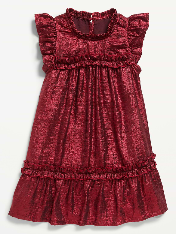 Flutter-Sleeve Metallic Swing Dress for Toddler Girls