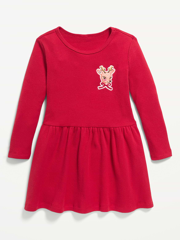 Long-Sleeve Waffle-Knit Graphic Dress for Toddler Girls
