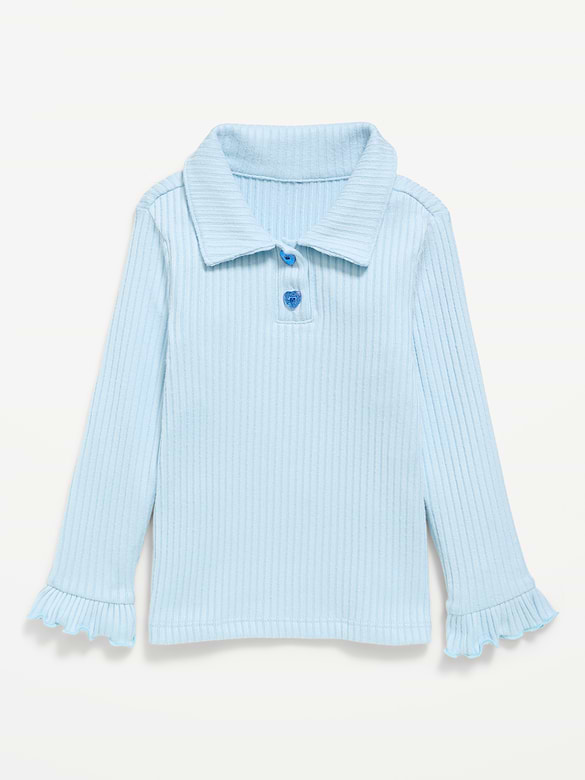 Long-Sleeve Ribbed Collared Top for Toddler Girls