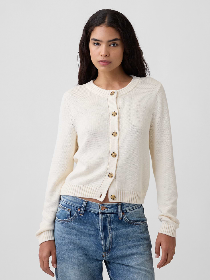 Image 1 of 5, Soft cotton knit., Long sleeves with ribbed cuffs., Ribbed crewneck, button front., Ribbed hem., Product #1177191