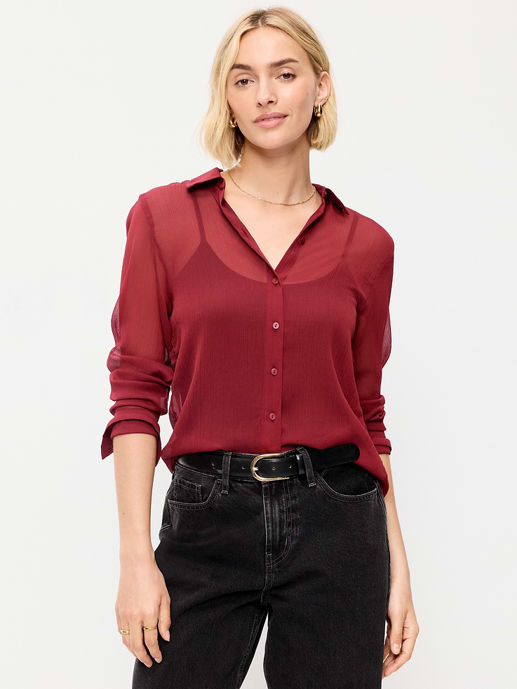 Image number 1 showing, Chiffon Sheer Button-Down Shirt