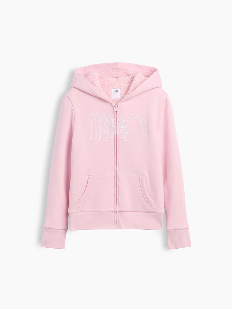 Image 1 of 3, Soft, comfy fleece., Cozy sherpa lining at hood and body., Long sleeves with banded cuffs., Hood, zip front., Gap logo at front., Kanga pockets., Banded hem., Product #1177982