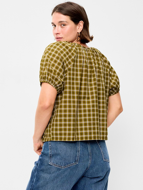 Short-Sleeve Button-Front Plaid Top