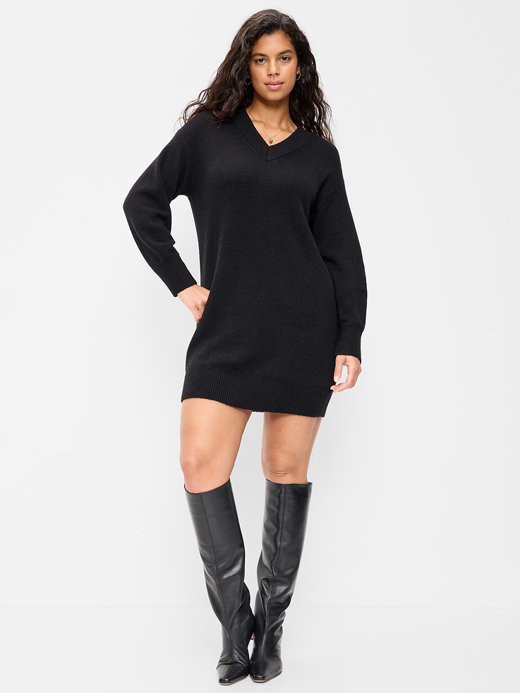 Image 6 of 9, SoSoft Long-Sleeve V-Neck Mini Sweater Dress