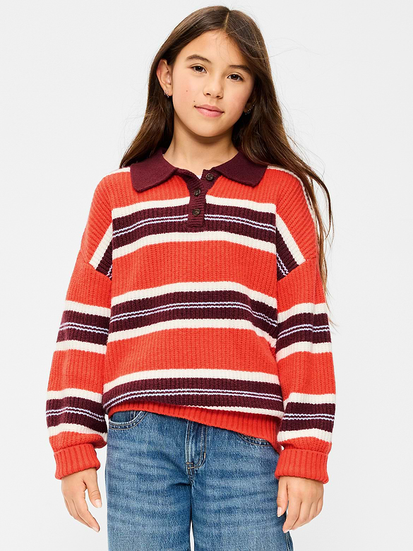 Oversized Long-Sleeve Rugby Polo Sweater for Girls