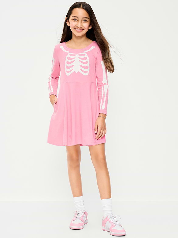 Long-Sleeve Graphic Fit and Flare Dress for Girls