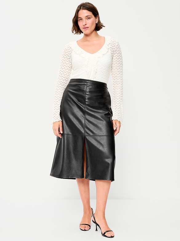Faux-Leather Pencil Midi Skirt