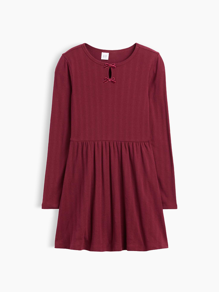 Image 1 of 3, Ribbed pointelle knit., Long sleeves., Round neckline with bow appliques and keyhole at front., Shirring at elasticized waist., Select styles have allover print., Product #1179725