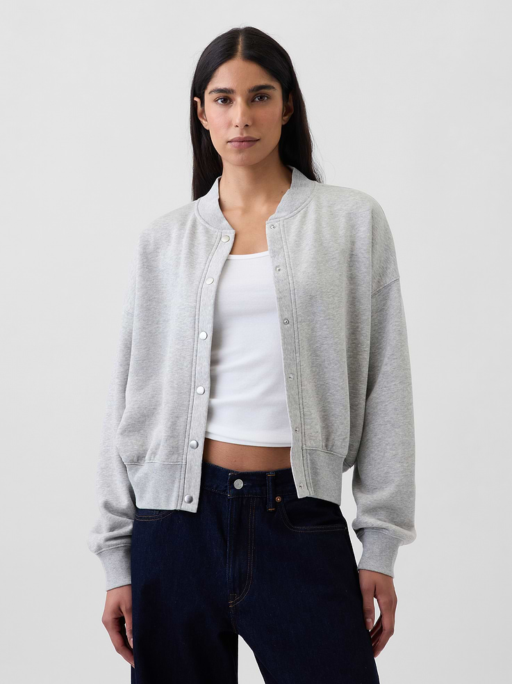 Image 1 of 5, Soft cotton-blend fleece sweatshirt bomber jacket. In an ultra oversized fit and slightly cropped length., Mockneck., Long sleeves with drop shoulders., Snap button front., Banded rib hem., Product #1188269