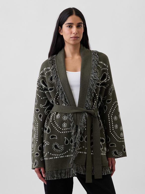 Cotton-Blend Fringe Shawl Cardigan