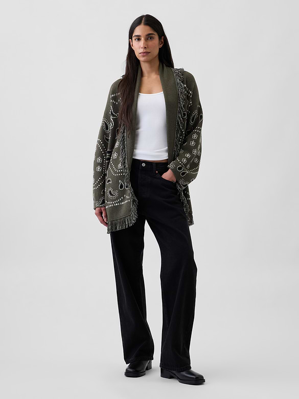 Cotton-Blend Fringe Shawl Cardigan