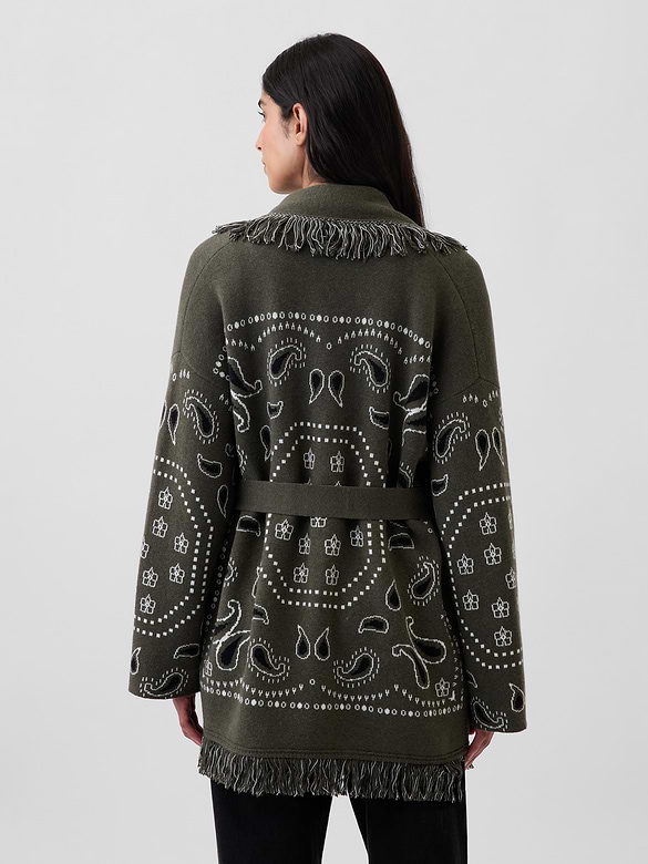 Cotton-Blend Fringe Shawl Cardigan