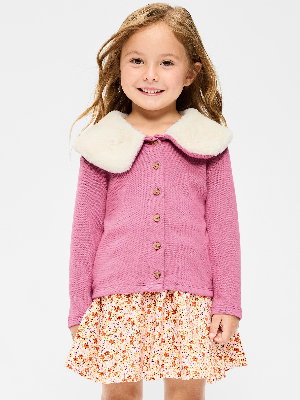 Image 1 of 3, faux fur collar, long sleeves, drop shoulders, full length button front, Product #1182649